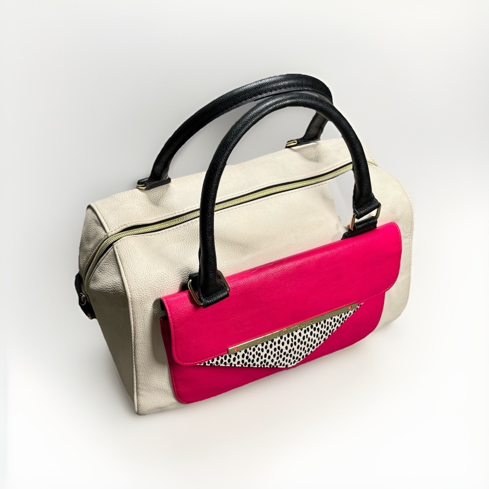 Betsy Johnson Satchel Handbag Ivory Black Pink Medium Size